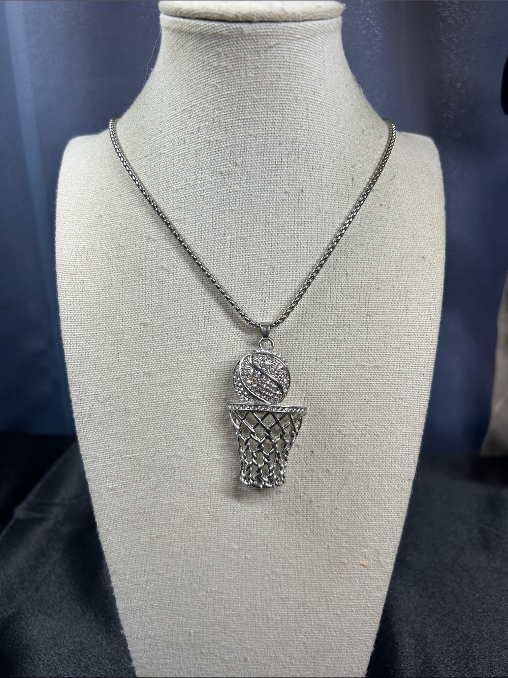 Silver Tone Basketball Hoop Pendant Necklace with Rhinestones
